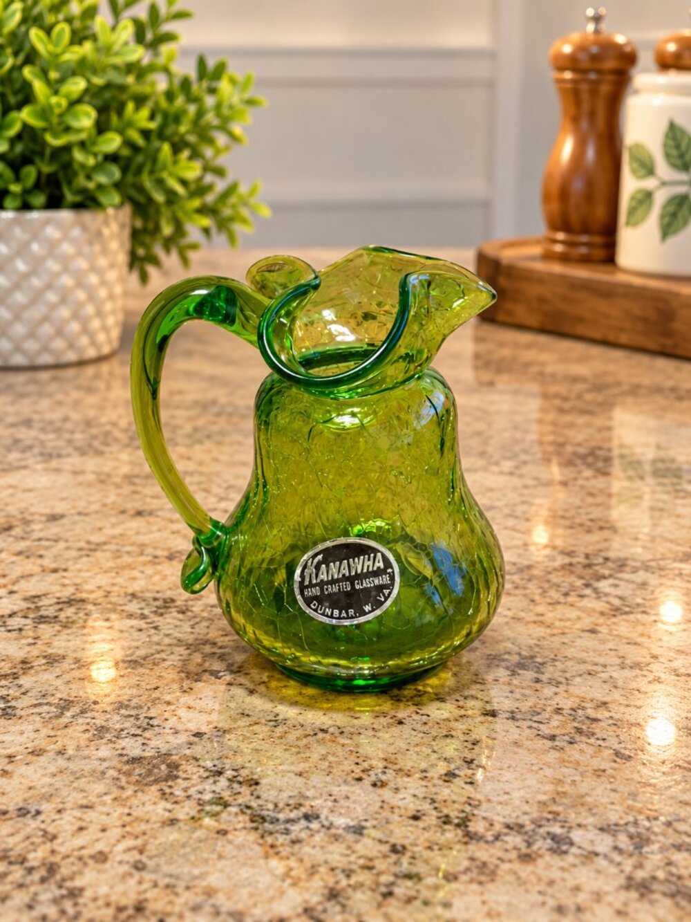Vintage Kanawha Uranium Glass Crackle Mini Pitcher MCM